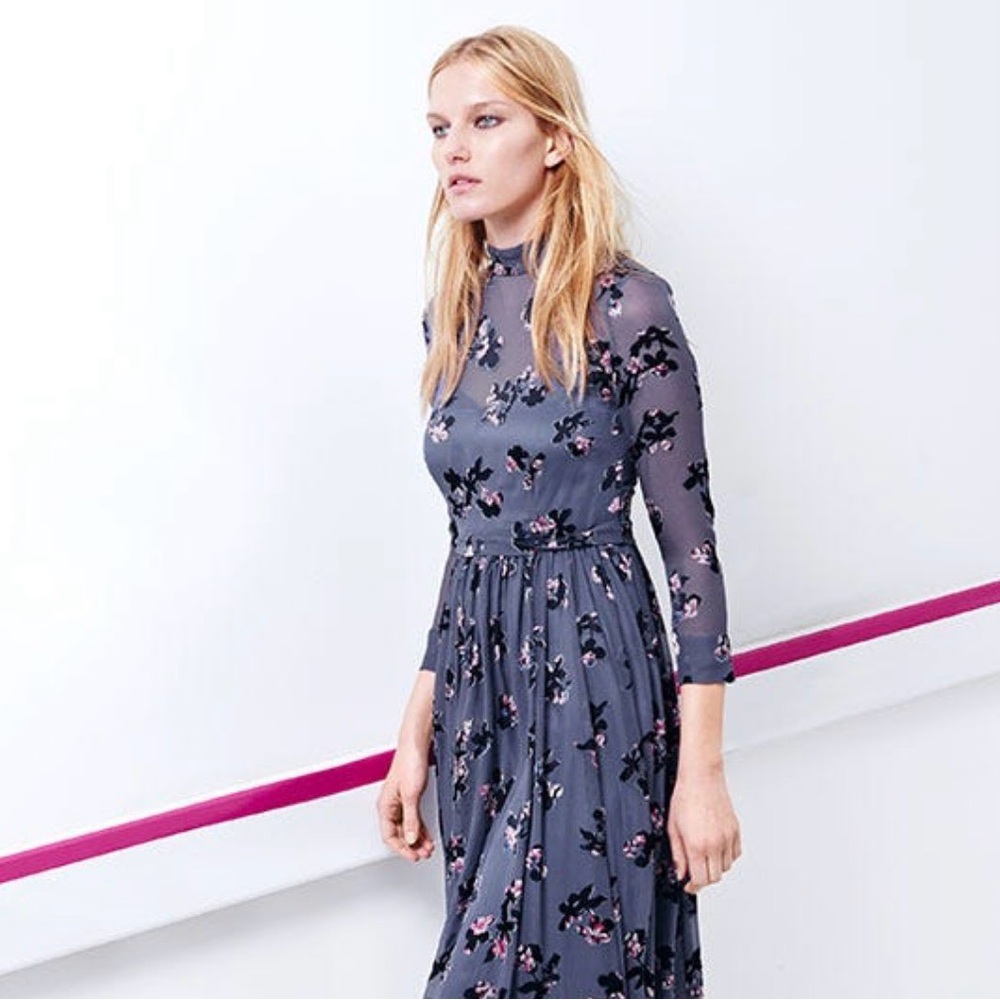 Rebecca Taylor Dusty Purple Sheer Mock Neck Long Sleeve Floral Dress Sz 6